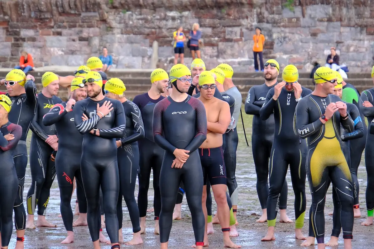 Athletes beginning the English Riviera sea swim from Torre Abbey Sands